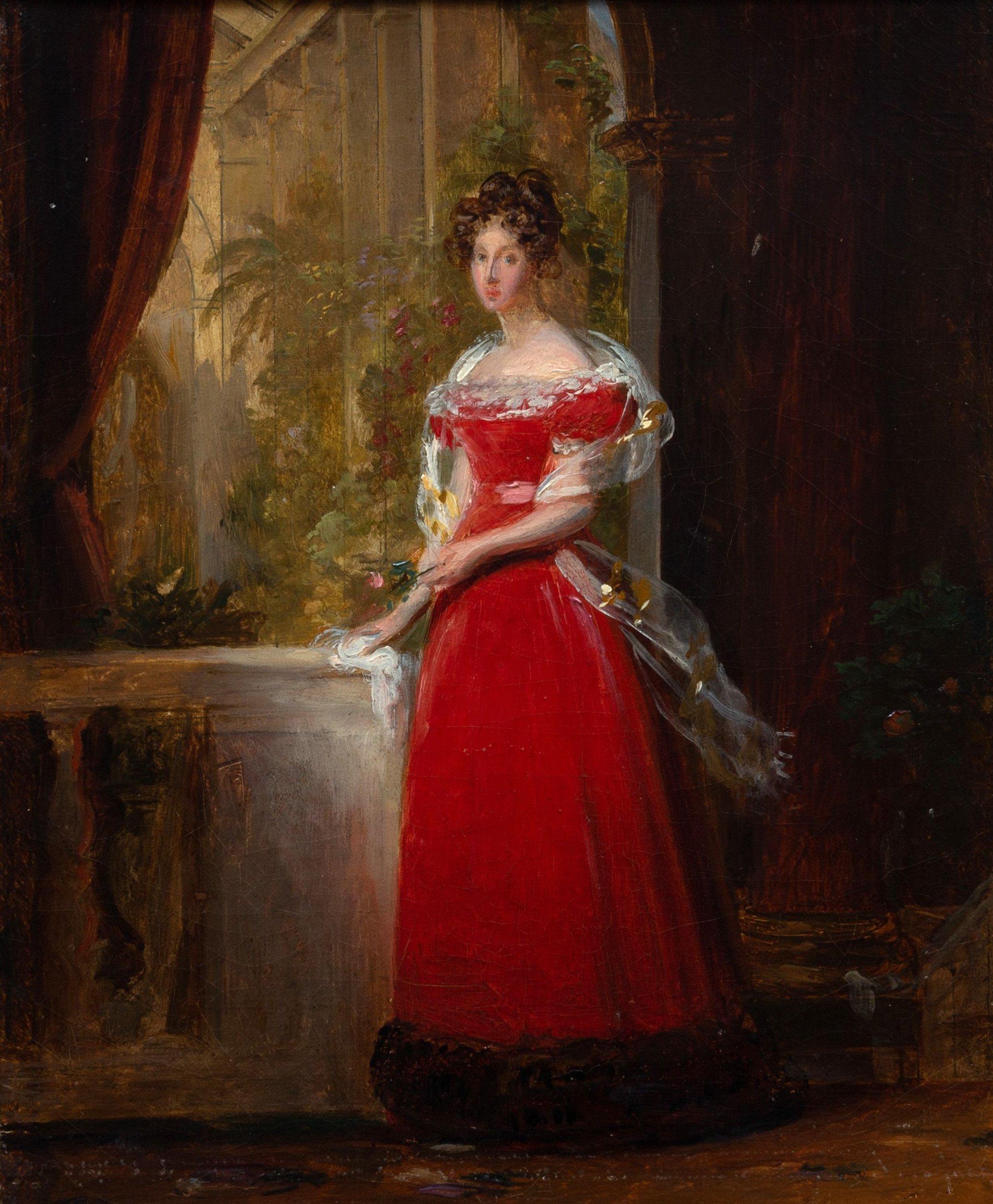 Circle of Francois Baron Gerard Portrait Painting – ""Porträt einer roten Dame auf dem Terrace", Francois Gerard, Französische Nobles