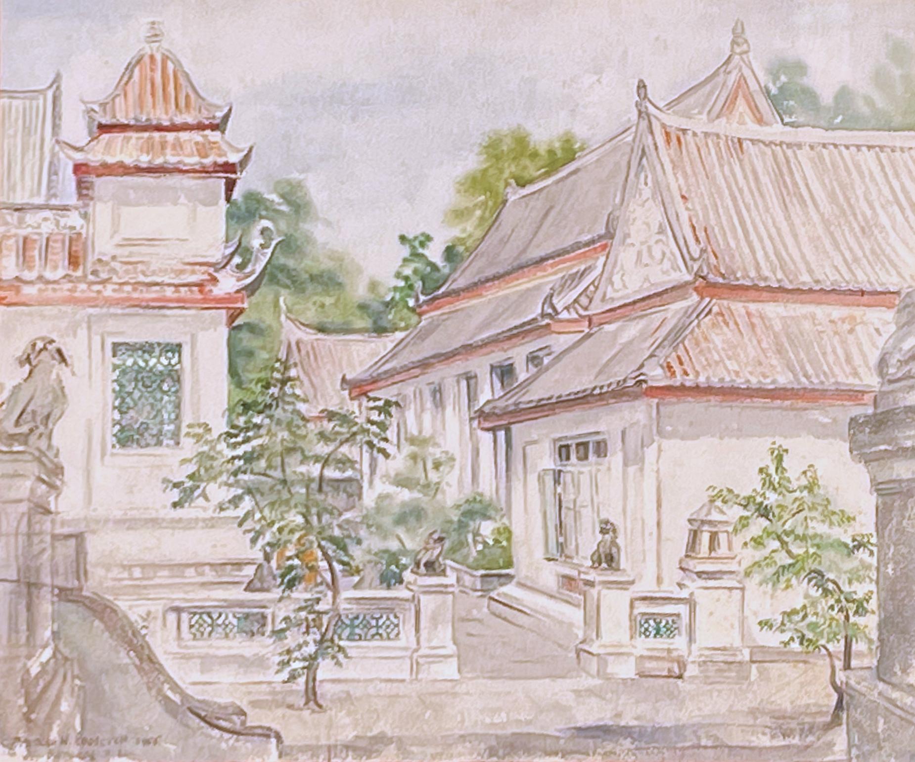 Frances W Roosevelt Landscape Art - "Mondop Wat Po, Thailand, " Frances Roosevelt, Watercolor Asian Landscape