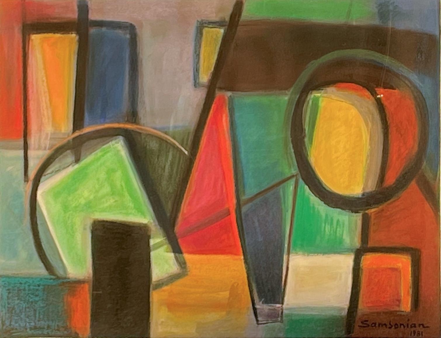 Simon Samsonian (1912 - 2003)
Colorful Geometric Abstraction, 1981
Oil on paper
16 x 22 inches
Signed and dated lower right

Provenance:
Estate of the artist

This survivor of the Armenian genocide wound up in a Cairo orphanage in 1927. He rose to