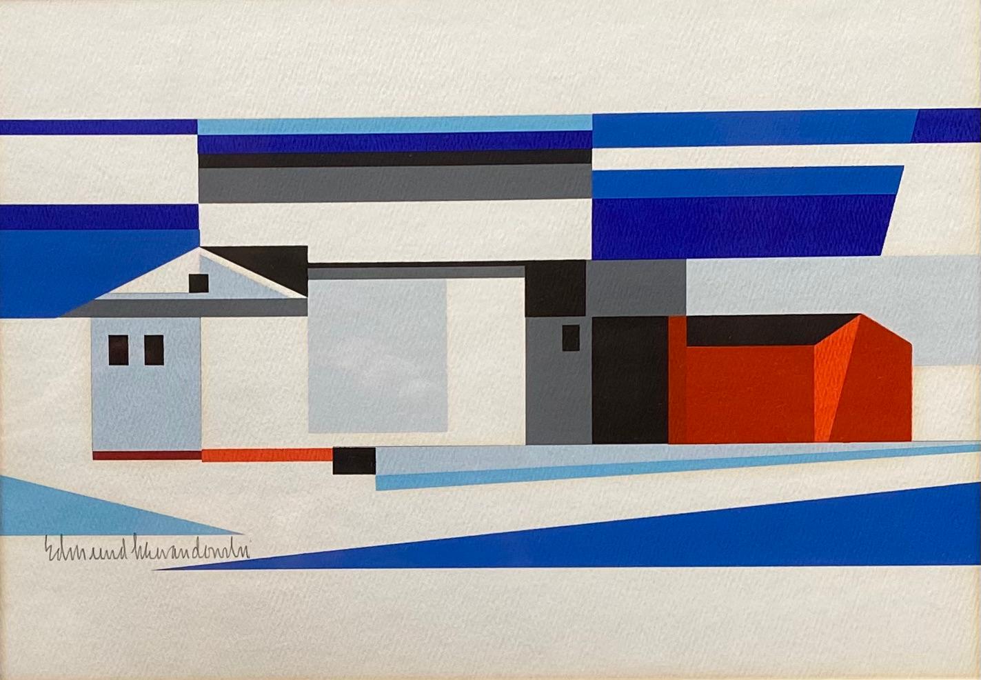 Landscape w/ Barn Abstract Mid-Century Precisionist Gouache Paper Contemporary