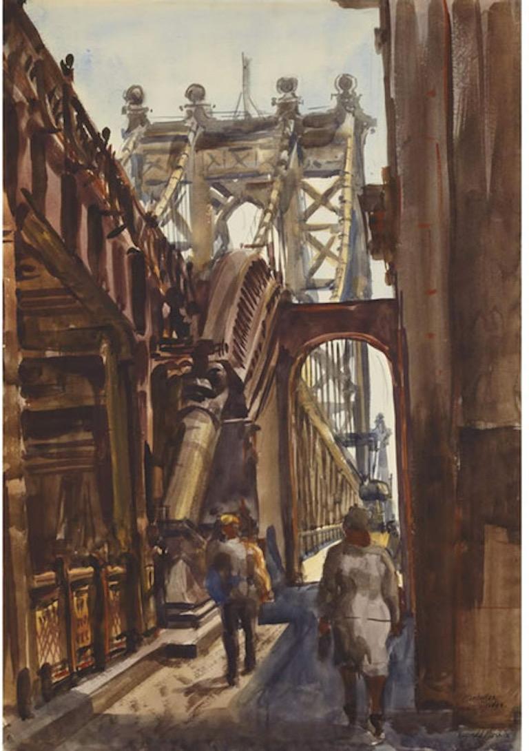 Reginald Marsh Figurative Art - "Manhattan Bridge" NYC American Scene Modernism Watercolor WPA Urban Realism