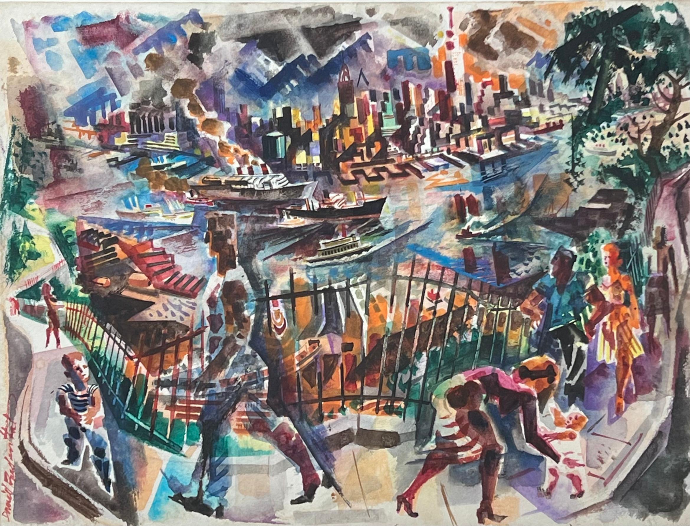 "View of New York" WPA Mid 20th Century American Modern Watercolor on Paper