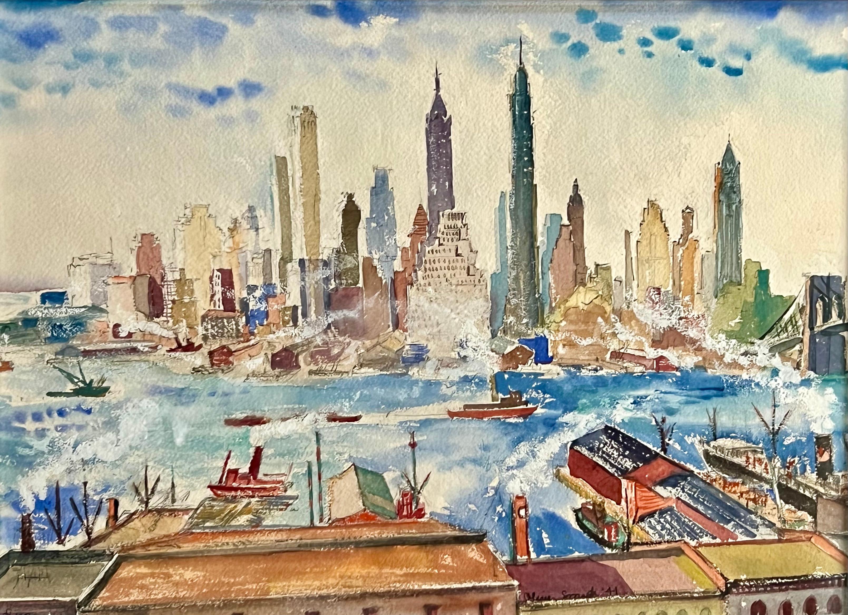 Oliver Smith Landscape Art - NYC Skyline Broadway Tony Awards American Modernism WPA Cityscape Harbour w/c
