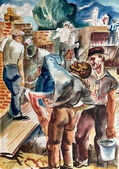 Vintage "Brick Layers" WPA American Scene Mid 20th Century Modern Drawing Men Working 