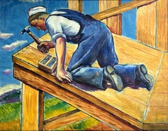 Vintage Industrial Man Working Mid 20th Century American Scene Social Realism Modern WPA