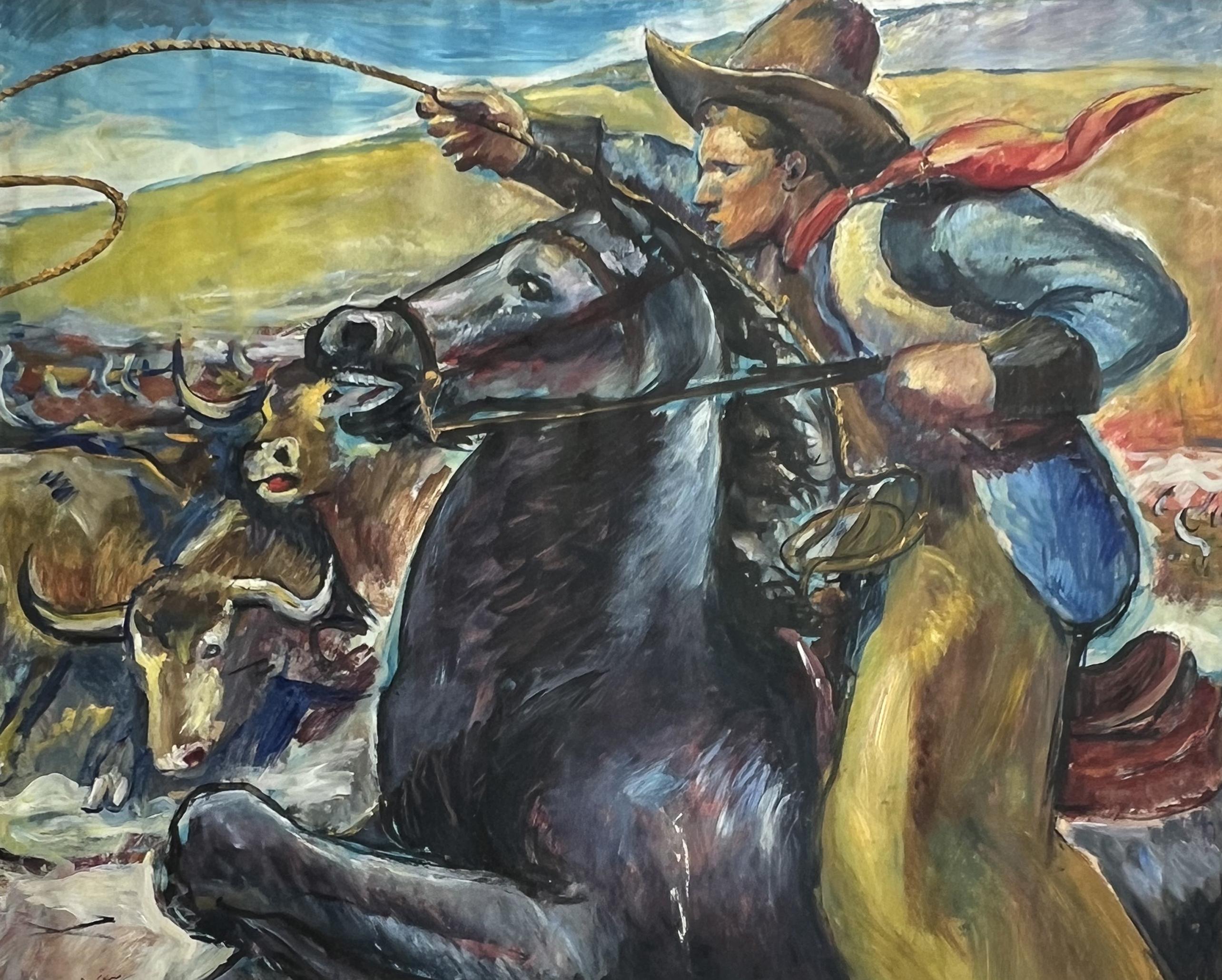 Jo Cain Figurative Art – Cowboys Pferde und Rinder  WPA Amerikanische Szene Sozialrealismus Mitte des 20. Jahrhunderts Moderne