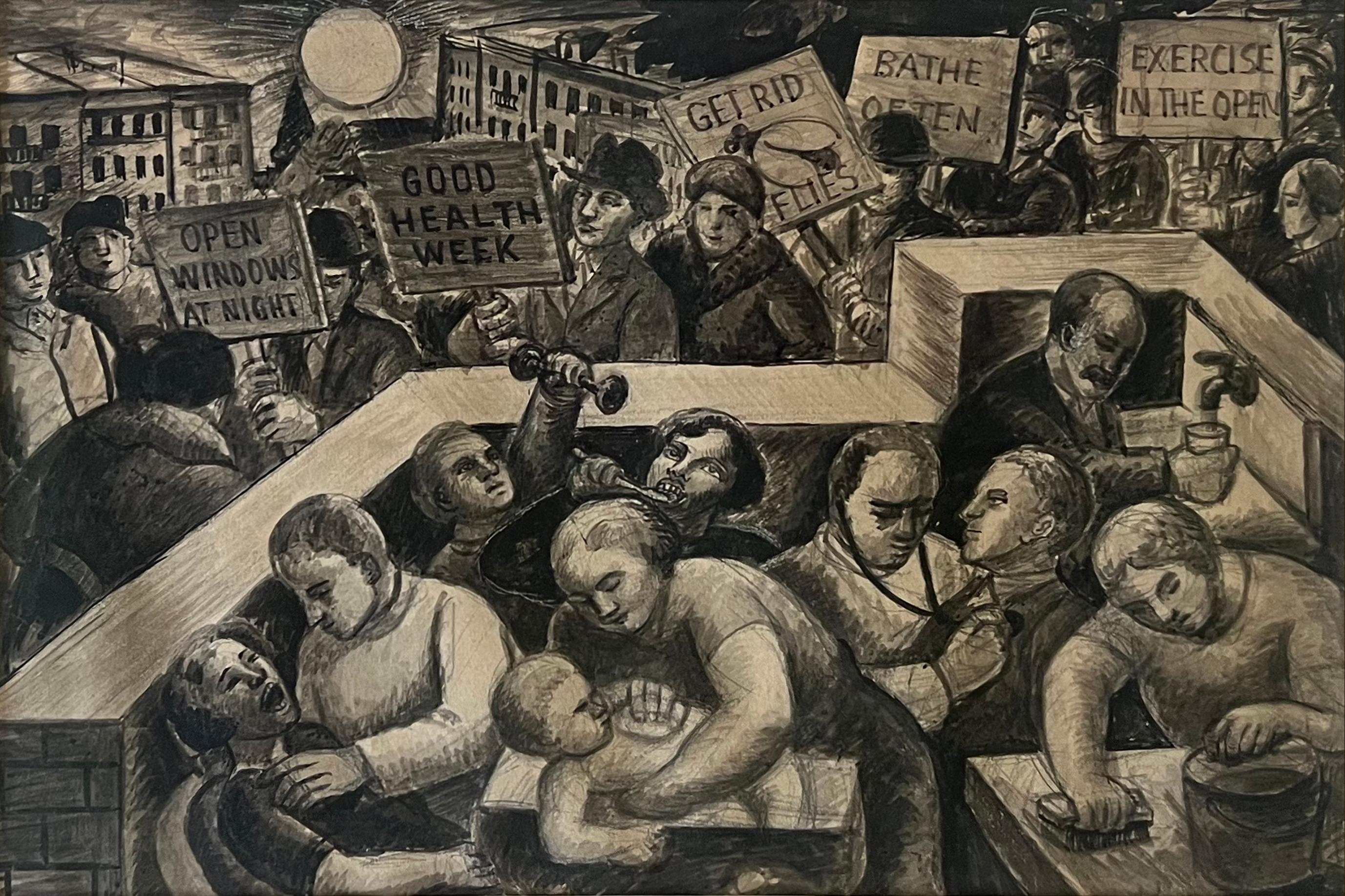 Interior Art de Jo Cain - "Semana de la buena salud" Escena americana Realismo social moderno Mediados del siglo XX Época WPA