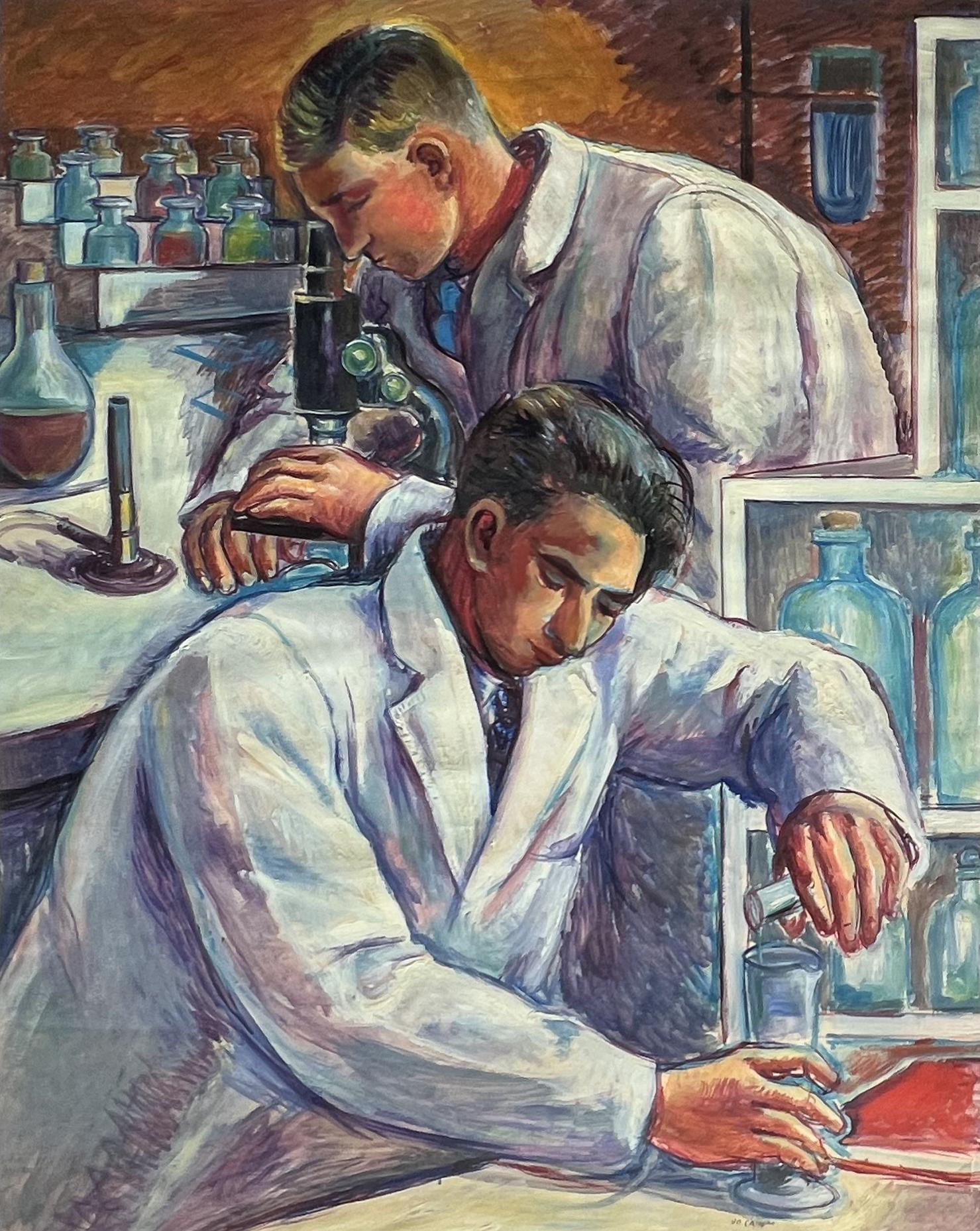 Jo Cain Interior Art – Chemisten Amerikanische Szene Mitte des 20. Jahrhunderts Moderner sozialer Realismus WPA Wissenschaft Wandgemälde