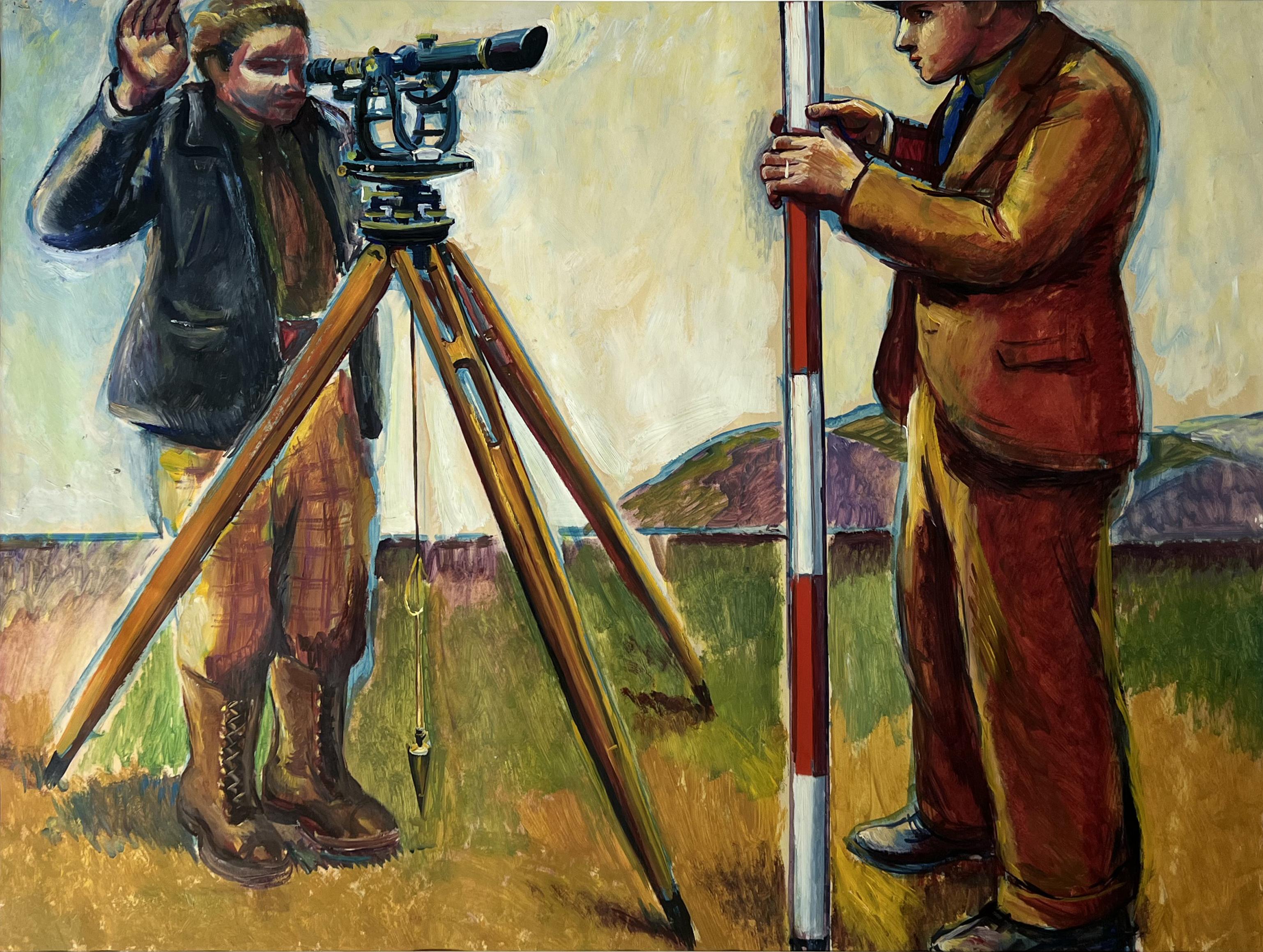 Jo Cain Landscape Art – Surveyors WPA Amerikanische Szene Mitte des 20. Jahrhunderts Moderner Sozialrealismus Männer arbeiten