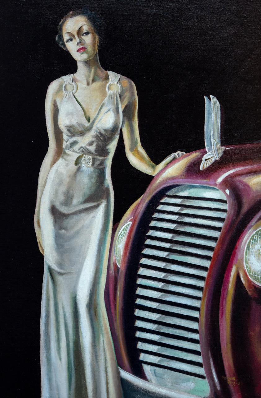 Arthur (Rosenman) Ross Figurative Art – Art-Déco-Mädchen mit Auto, Pin-Up-Illustration, amerikanischer Modernismus, Mitte des 20. Jahrhunderts