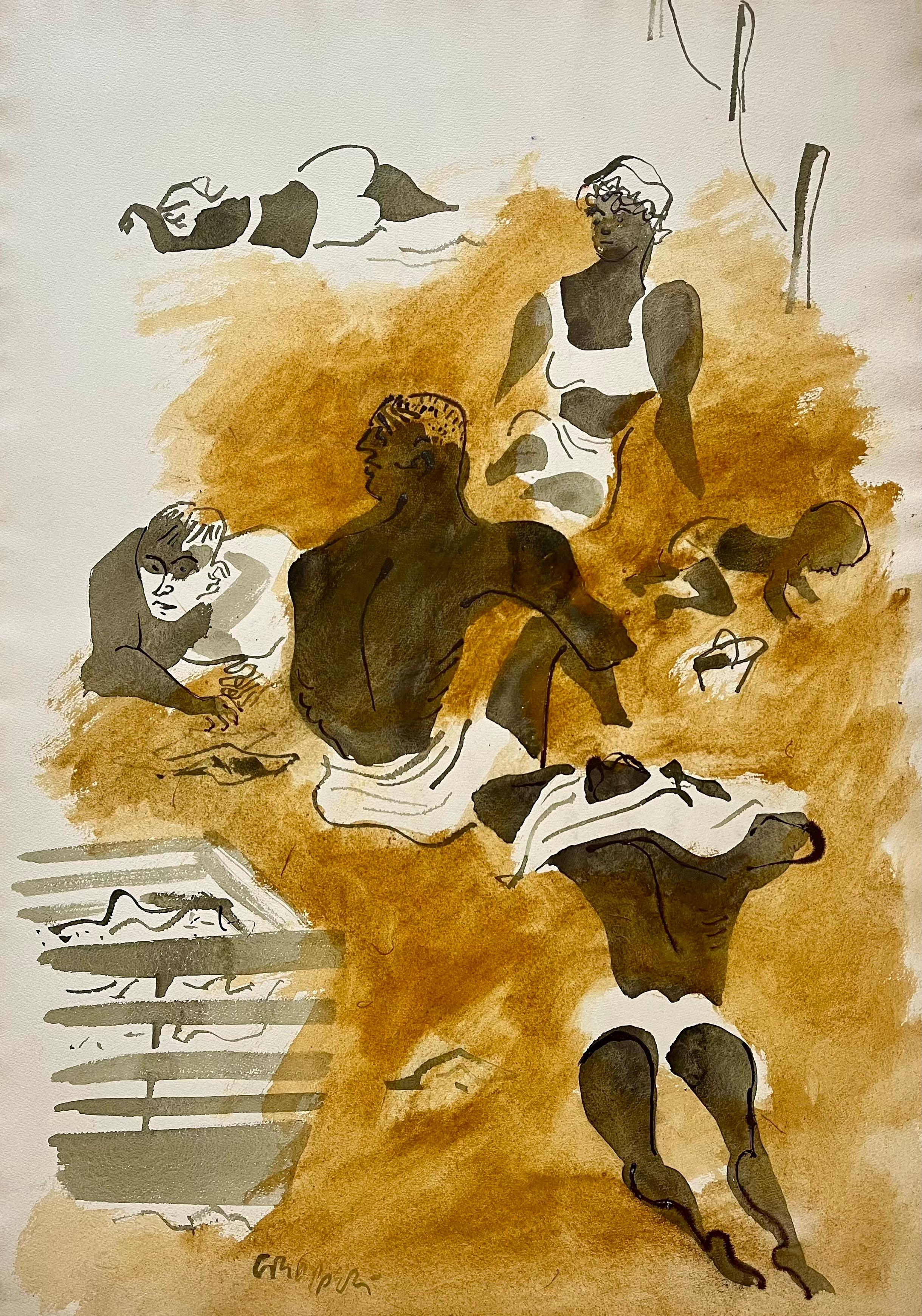 William Gropper Figurative Art – Familie am Strand WPA Modernismus Amerikanische Szene Sozialrealismus Mitte des 20. Jahrhunderts