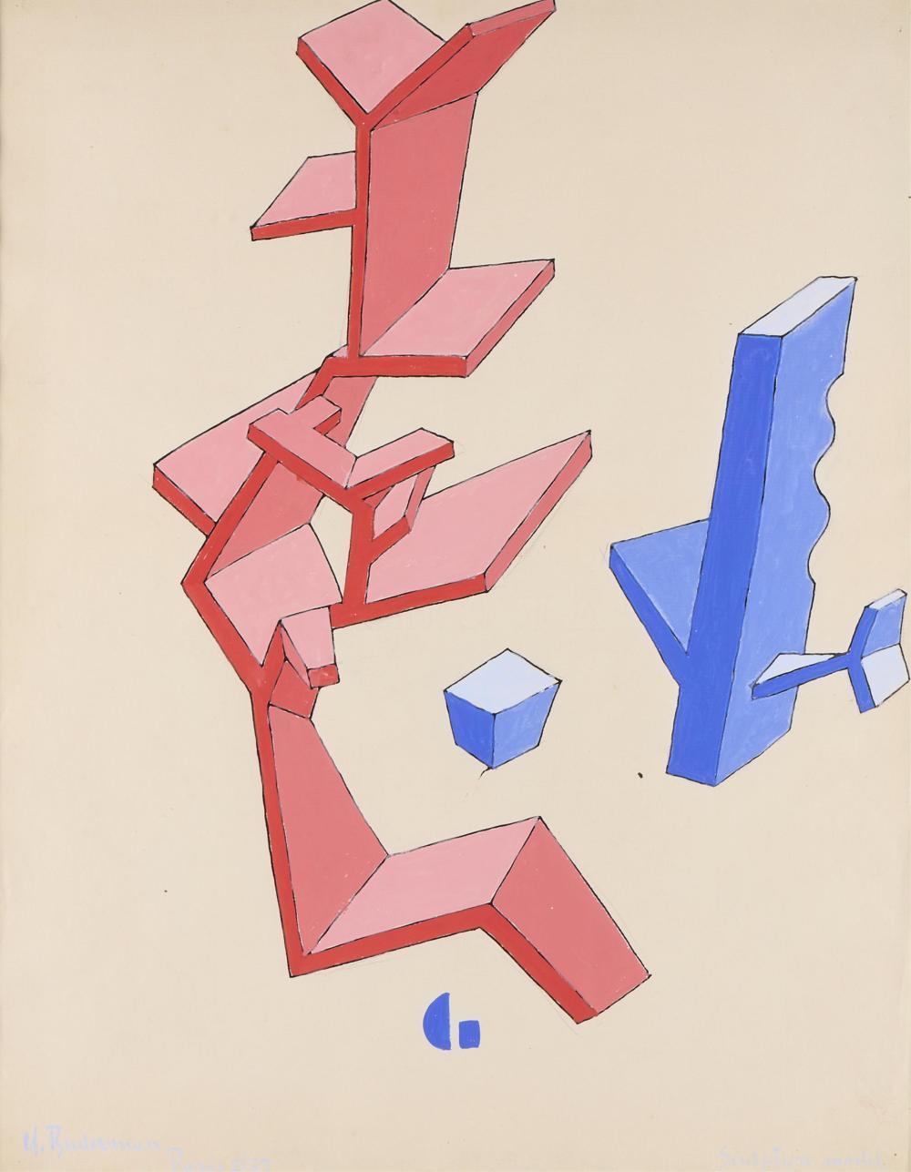 Abstract Drawing di Charles Biederman - "Modello di scultura" Disegno astratto americano Modernismo metà XX secolo Cubismo