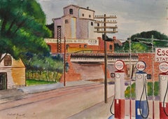 Antique "Gas Pumps" American Scene WPA Era Social Realism Early 20th Century Industrial