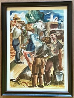 "Brick Layers" WPA American Scene Mid 20th Century Modern Drawing Men Working