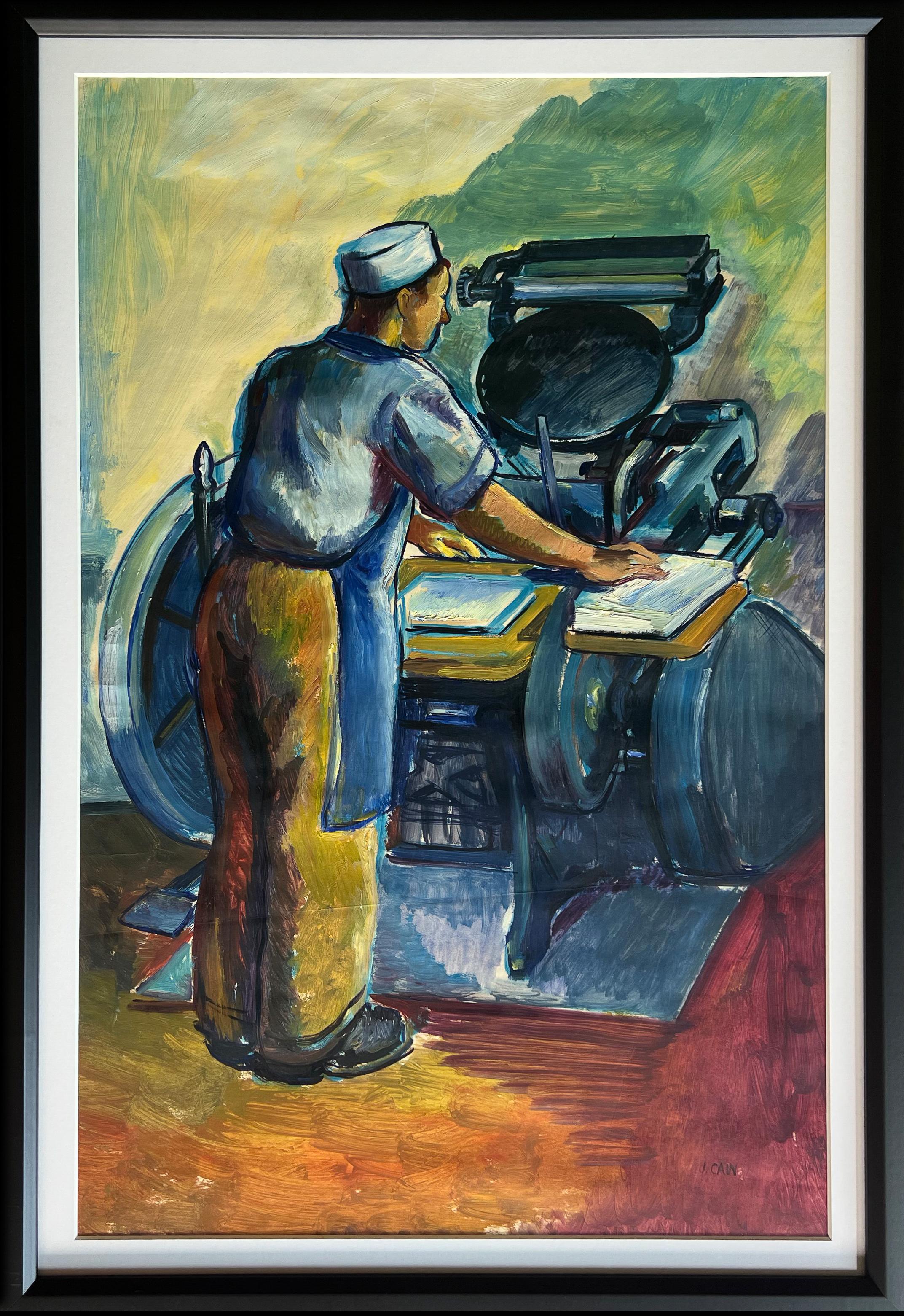 Man travaillant WPA Social Realism Industrial Modernism 20th Century American Scene - Art de Jo Cain