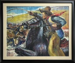 Cowboys Horses Cattle  WPA American Scene Social Realism Mid 20th Century Modern