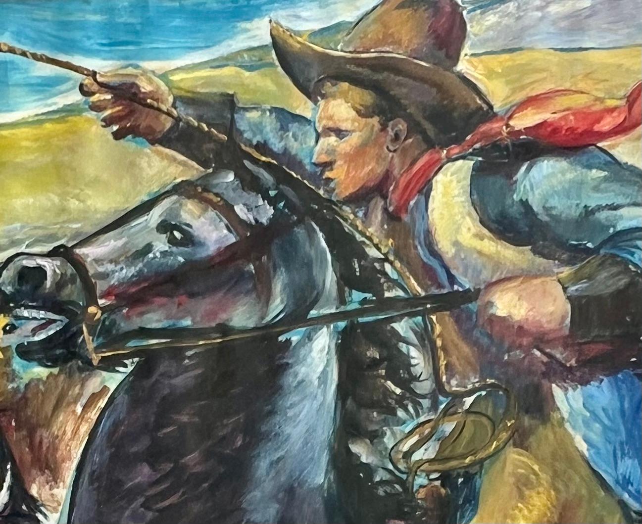 Cowboys Horses Cattle  WPA American Scene Social Realism Mid 20th Century Modern

Jo Cain (1904 – 2003)
Cowboy
33 3/4 x 36 inches
Oil on paper, c. 1930s
Signed lower left
40 x 42 inches framed

Our gallery is pleased to present the exhibition, 