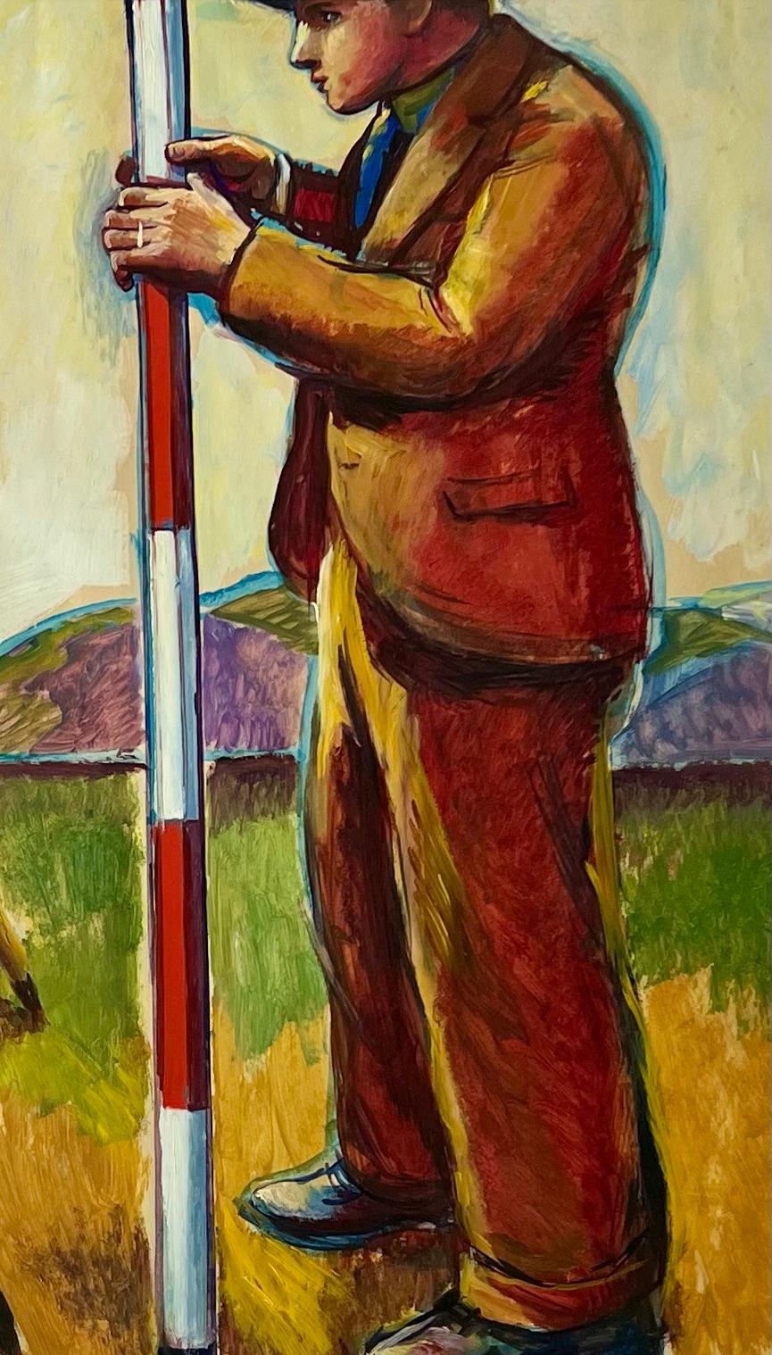 Surveyors WPA Amerikanische Szene Mitte des 20. Jahrhunderts Moderner Sozialrealismus Männer arbeiten

Jo Cain (1904 - 2003)
Vermesser
30 ½ x 40 ¼ Zoll (Sicht)
Gouache auf Papier ca. 1930er Jahre
Signiert unten rechts mit Matte
