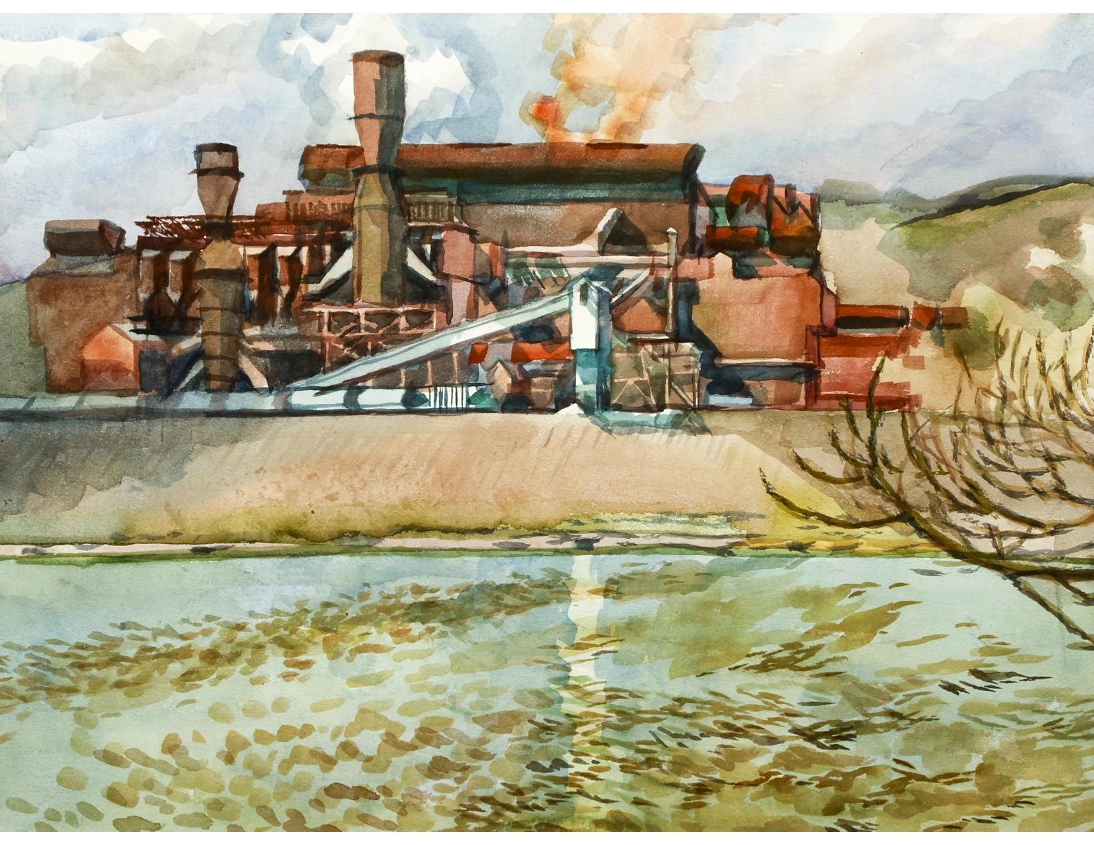 Henry Koerner  Landscape Art - Industrial Landscape Contemporary American Watercolor Magic Realism 20th Century