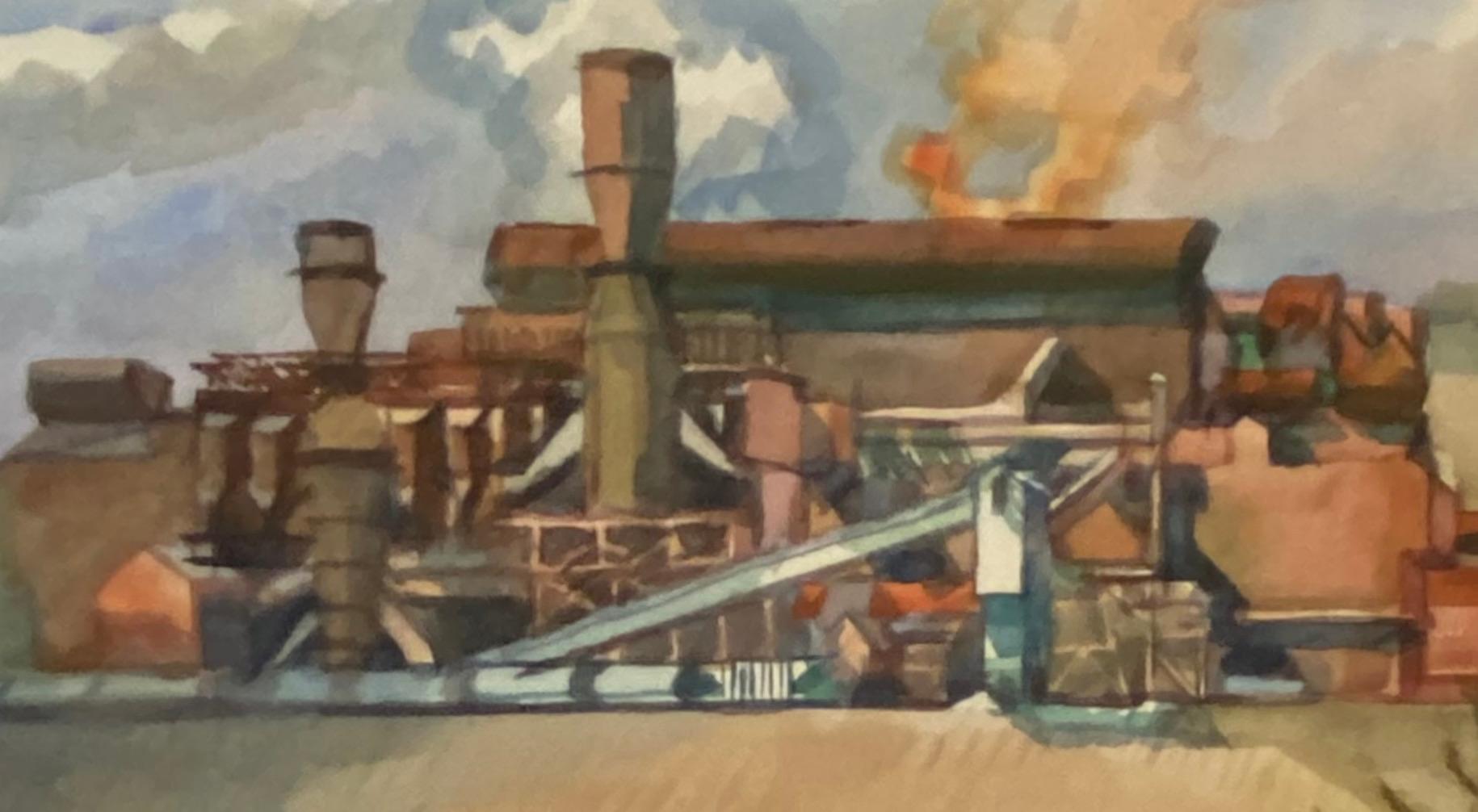 Industrial Landscape Contemporary American Watercolor Magic Realism 20th Century - Art by Henry Koerner 