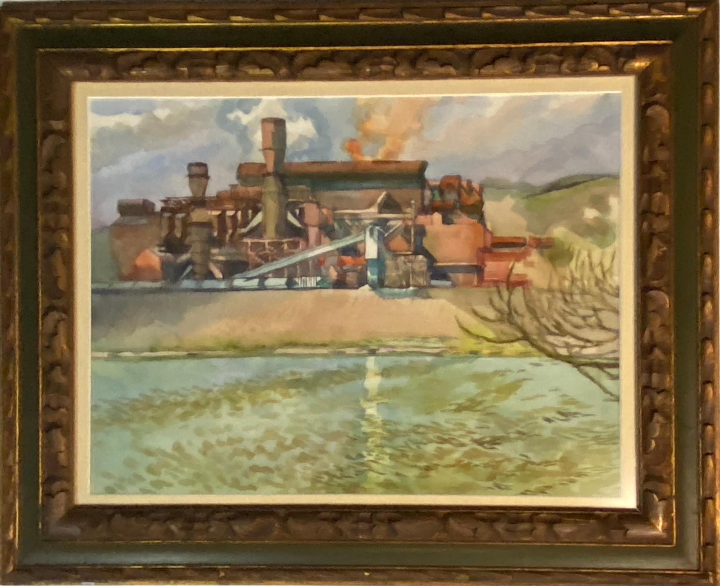 Industrial Landscape Contemporary American Watercolor Magic Realism 20th Century - American Realist Art by Henry Koerner 
