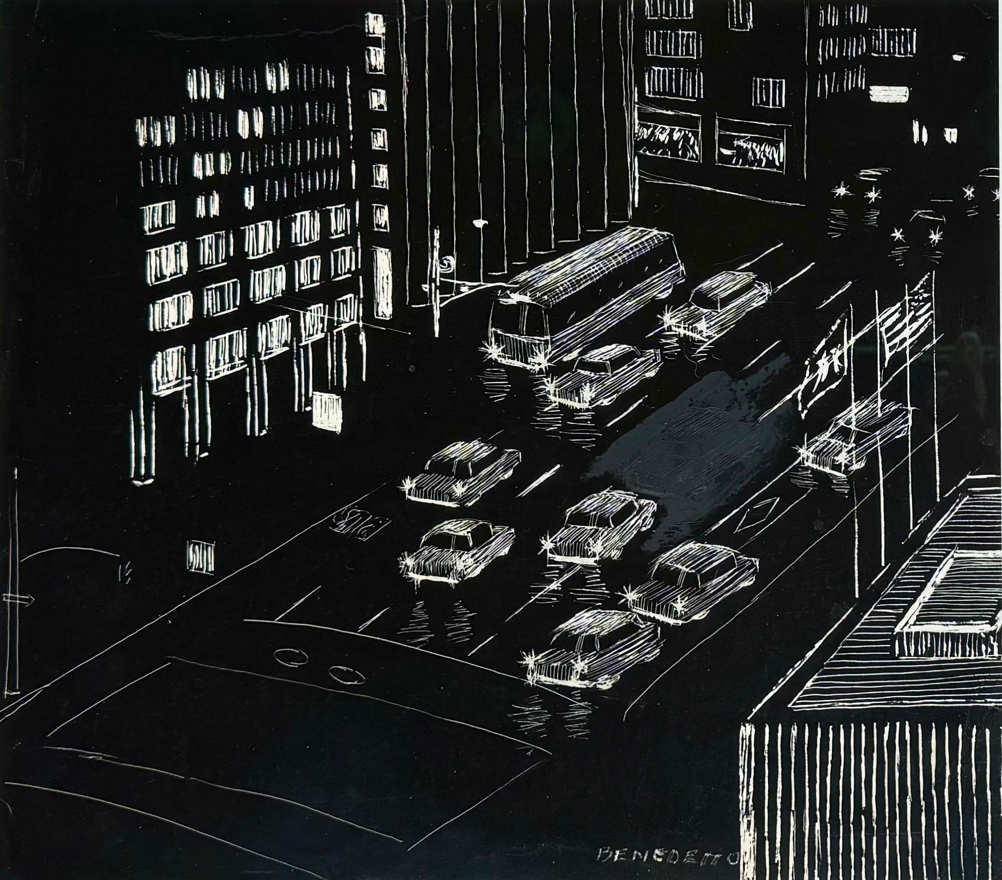 Il leggendario Tony Bennetts "NYC Traffic", disegno originale contemporaneo di un paesaggio urbano