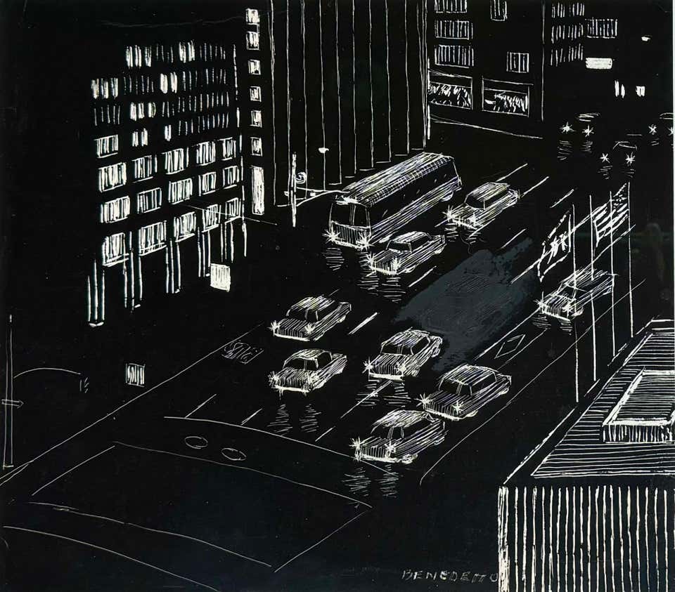 Legendary Tony Bennett "NYC Traffic" Original Contemporary Drawing Cityscape