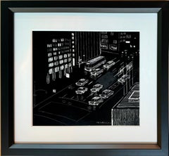Le légendaire Tony Bennett "NYC Traffic" Dessin original contemporain Paysage urbain