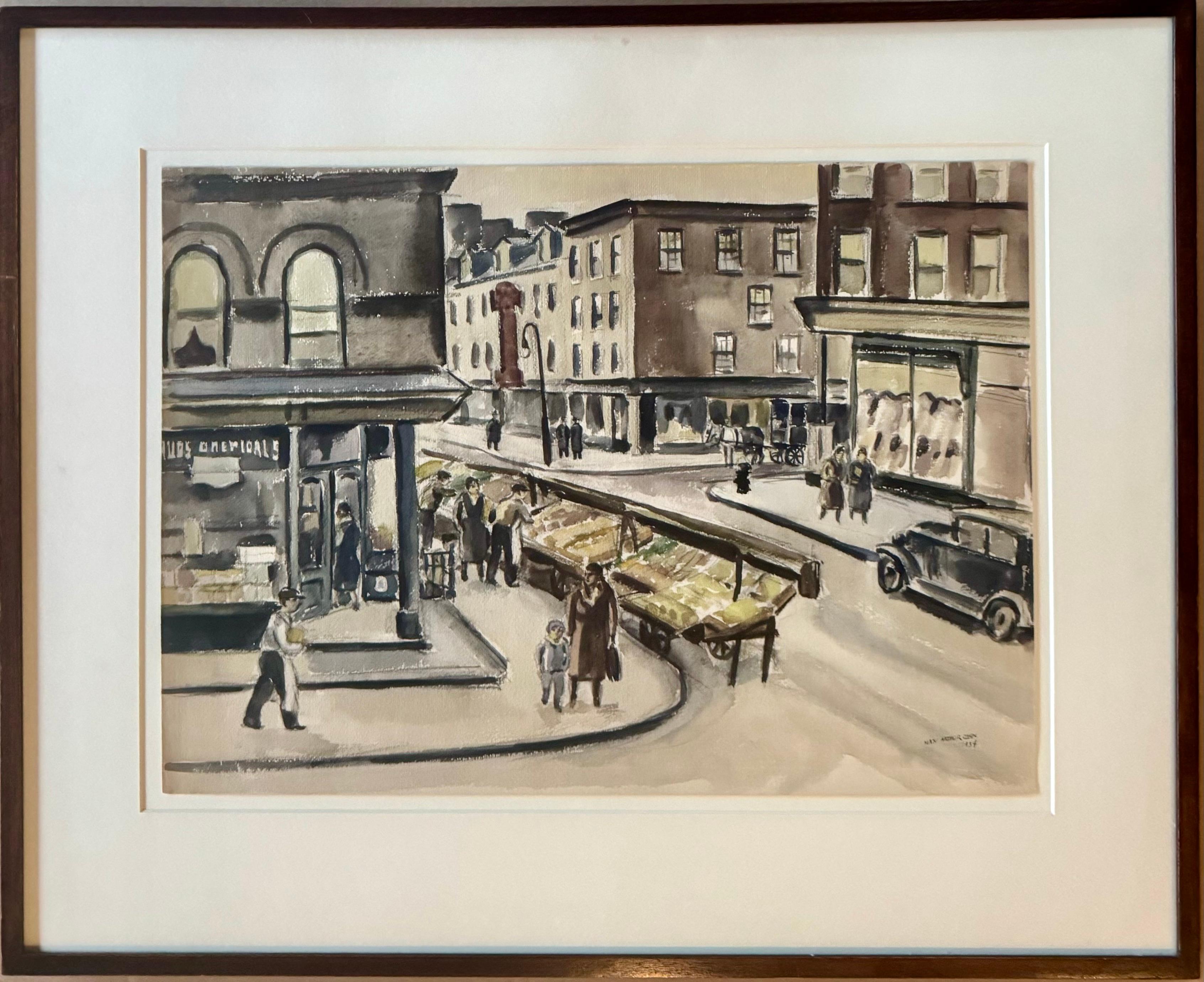„NYC St. Corner“ Amerikanische Szene Sozialrealismus Mitte des 20. Jahrhunderts Moderne Stadtlandschaft (Braun), Figurative Art, von Max Arthur Cohn