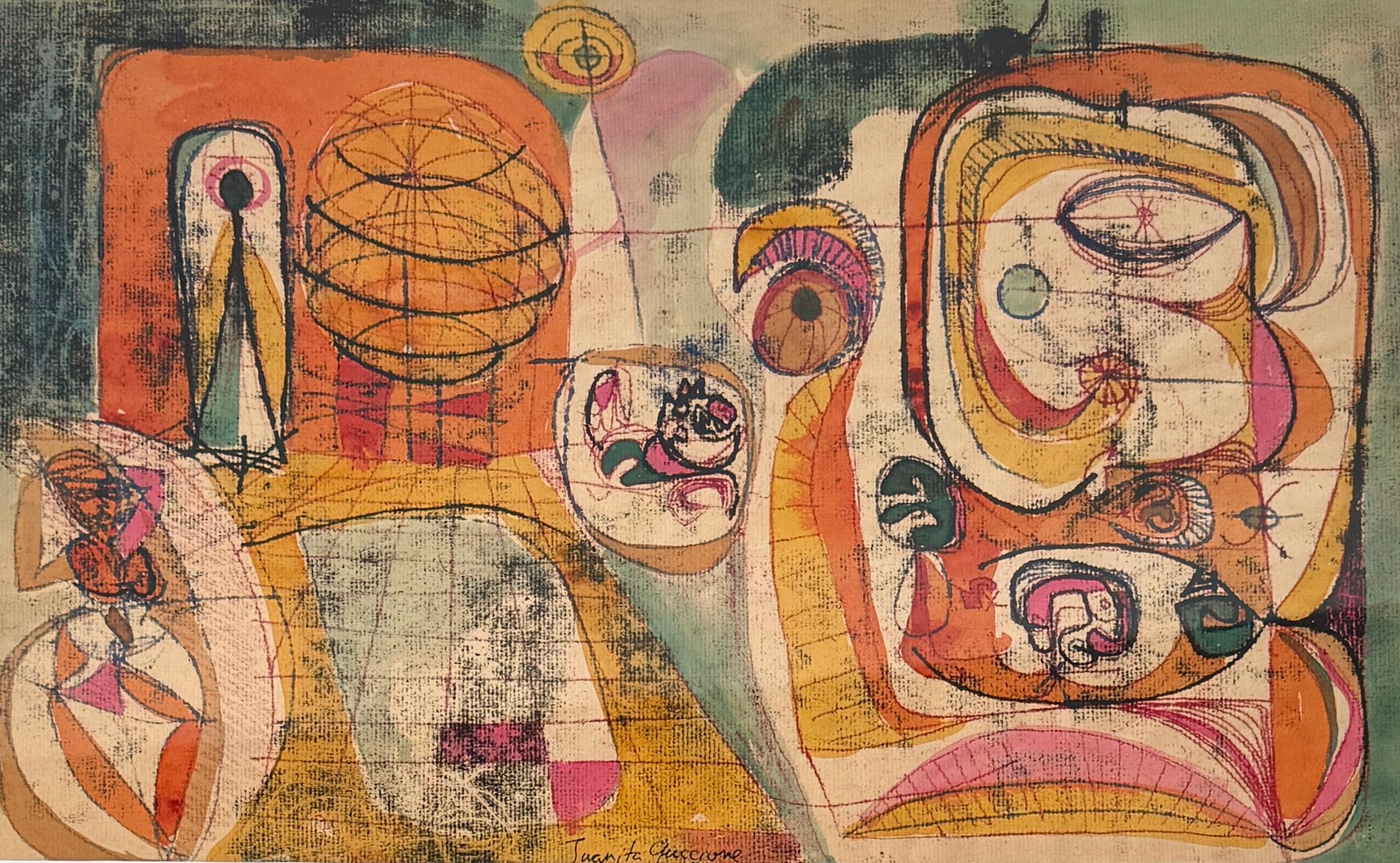 Abstract Drawing de Juanita Guccione - Obra surrealista y abstracta sobre papel de una artista estadounidense de mediados del siglo XX, de los años 40
