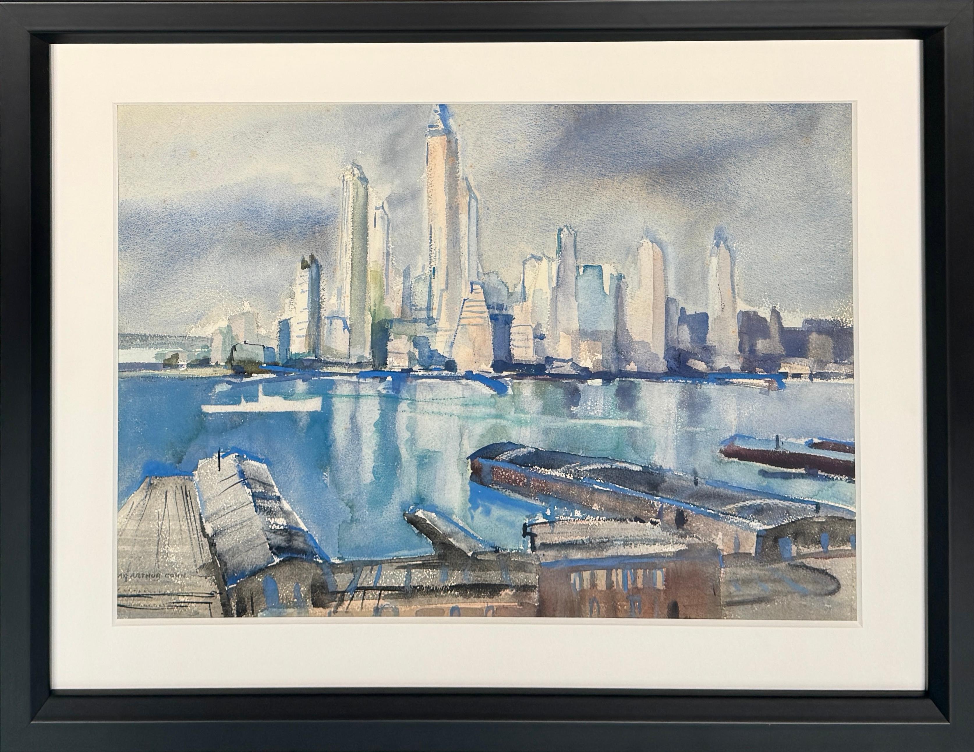 NYC Cityscape Amerikanische Szene Sozialrealismus Mitte des Jahrhunderts (Blau), Figurative Art, von Max Arthur Cohn