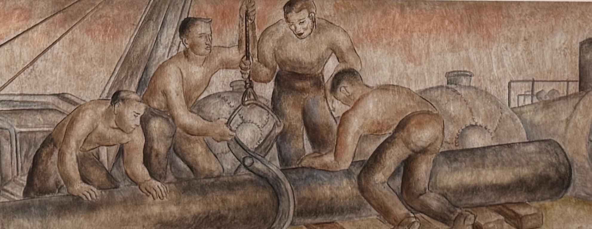 Studio murale dell'ufficio postale della WPA Scena americana Regionalismo Realismo sociale

Louise Emerson Ronnebeck (1901 - 1980)
Oil Riggers, studio murale
Immagine: 6 1/2 x 37 pollici
Acquerello e tempera all'uovo su carta, attaccato alla tavola,