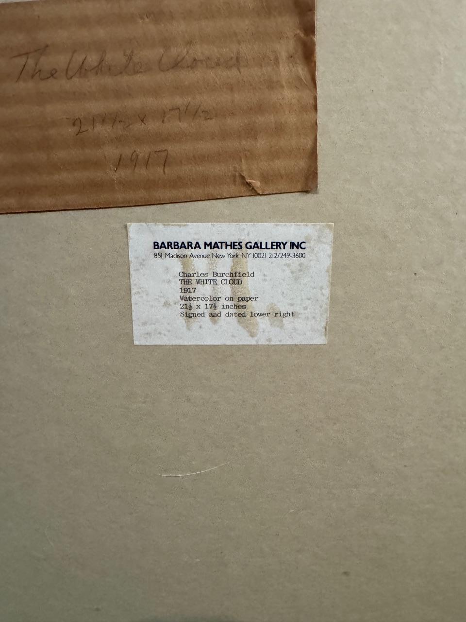 Le nuage blanc, Salem, une aquarelle classique de son année magique, 1917 Moderne

Charles Burchfield (1893-1967)
Le Nuage Blanc, Salem, 1917
21 1/2 x 17 12 pouces
Aquarelle sur papier
Signé et daté en bas à droite
Encadré : 32 1/4H x 28 1/2W