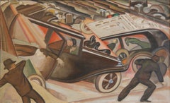 "Crash" Modern Oil Painting WPA American Los Angeles Scene Cubist Art Deco Cars