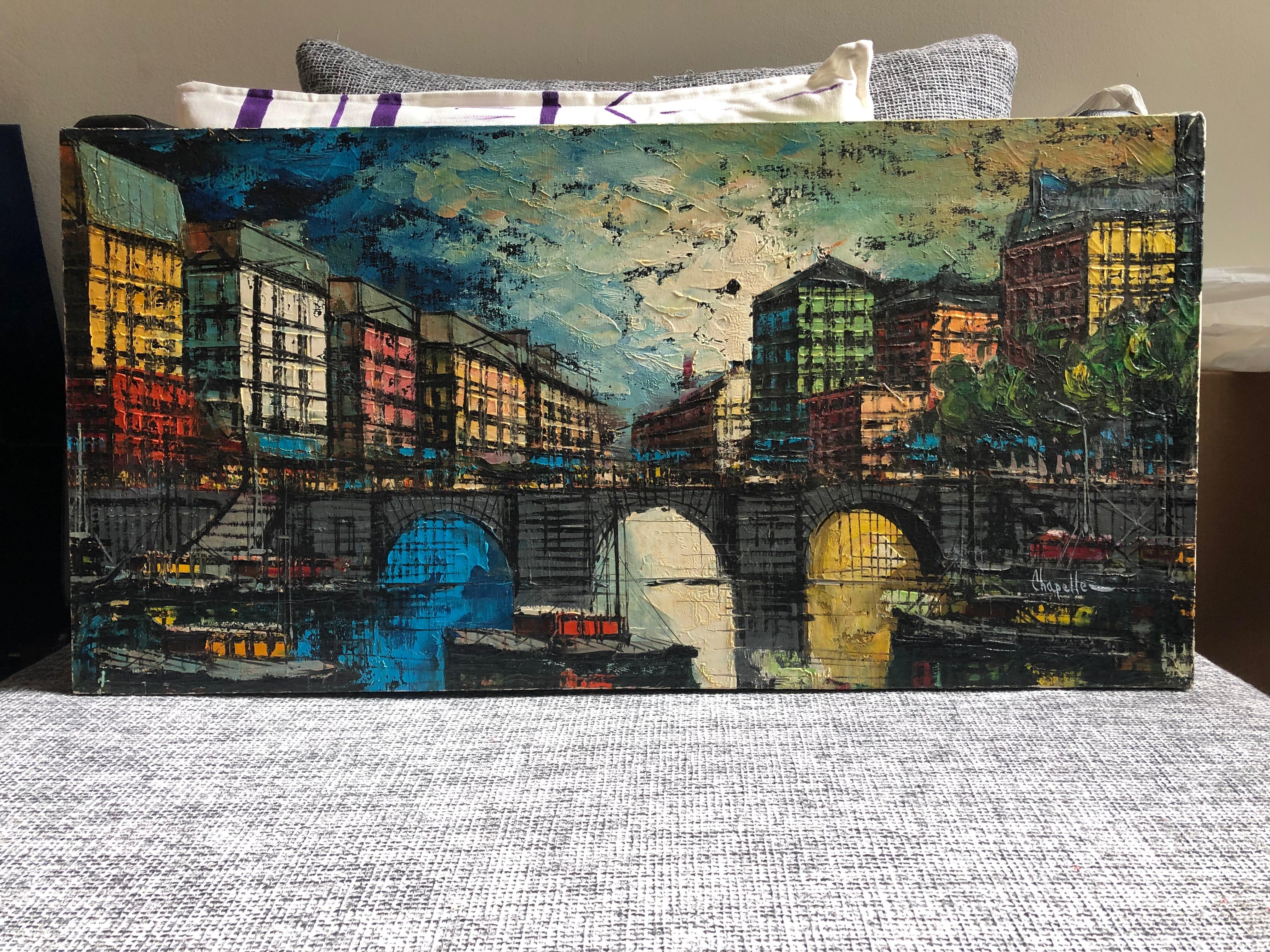 Parisian Seine River, Paris, French City, Street, Bridge, Decorative Oil Canvas - Painting by Remi Chapelle