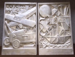 Paire de plaques sculpturales cubistes en plâtre Art Déco française argenté Albert Binquet