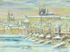 "Charles Bridge, Prague, " Vlatava River and Prague Castle in Winter, Skaters