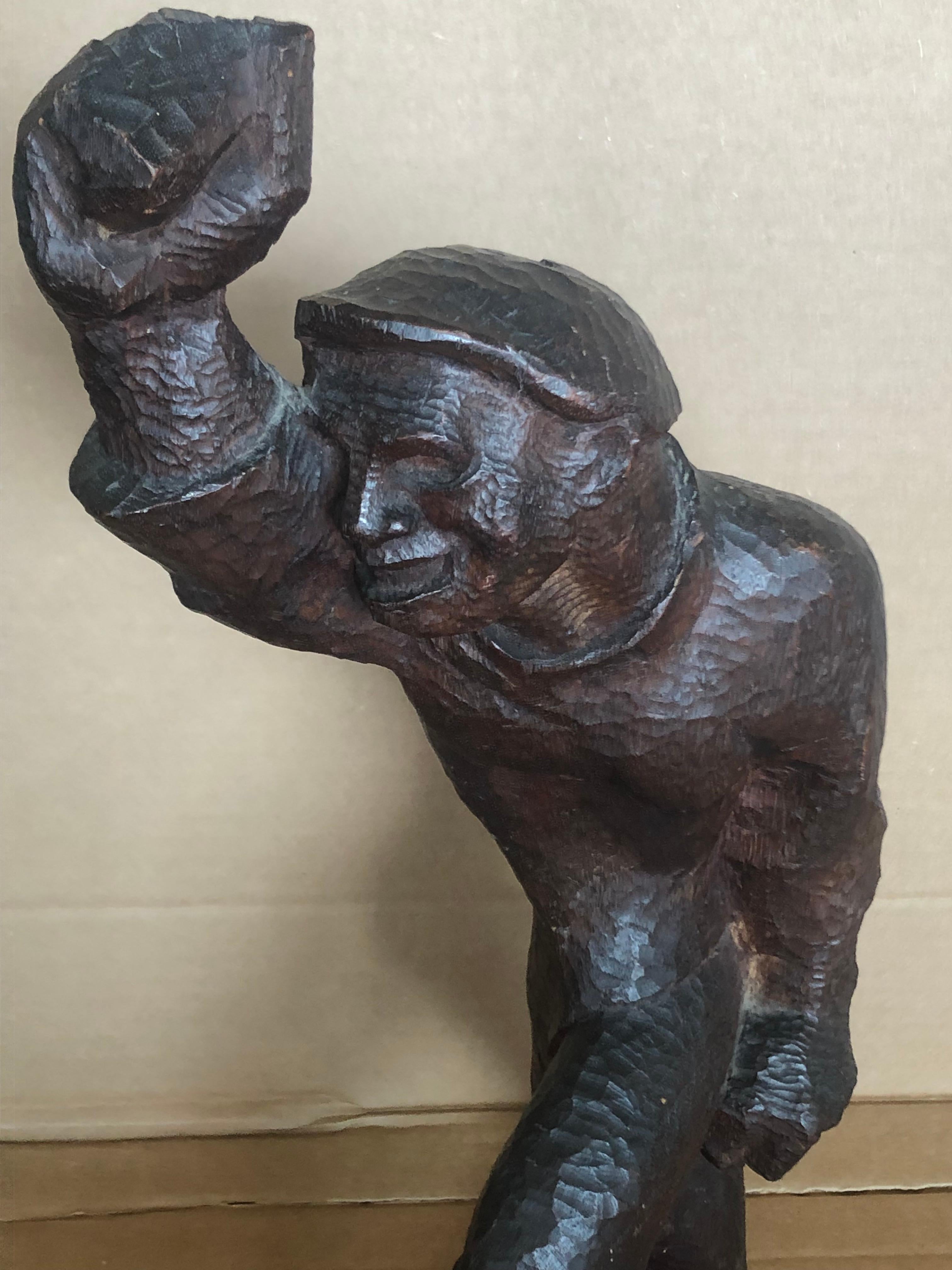 STRIDENT MAN Carved Wood Sculpture Hollywood WPA Modernist Puppet Mid-Century - Brown Figurative Sculpture by Louis Bunin