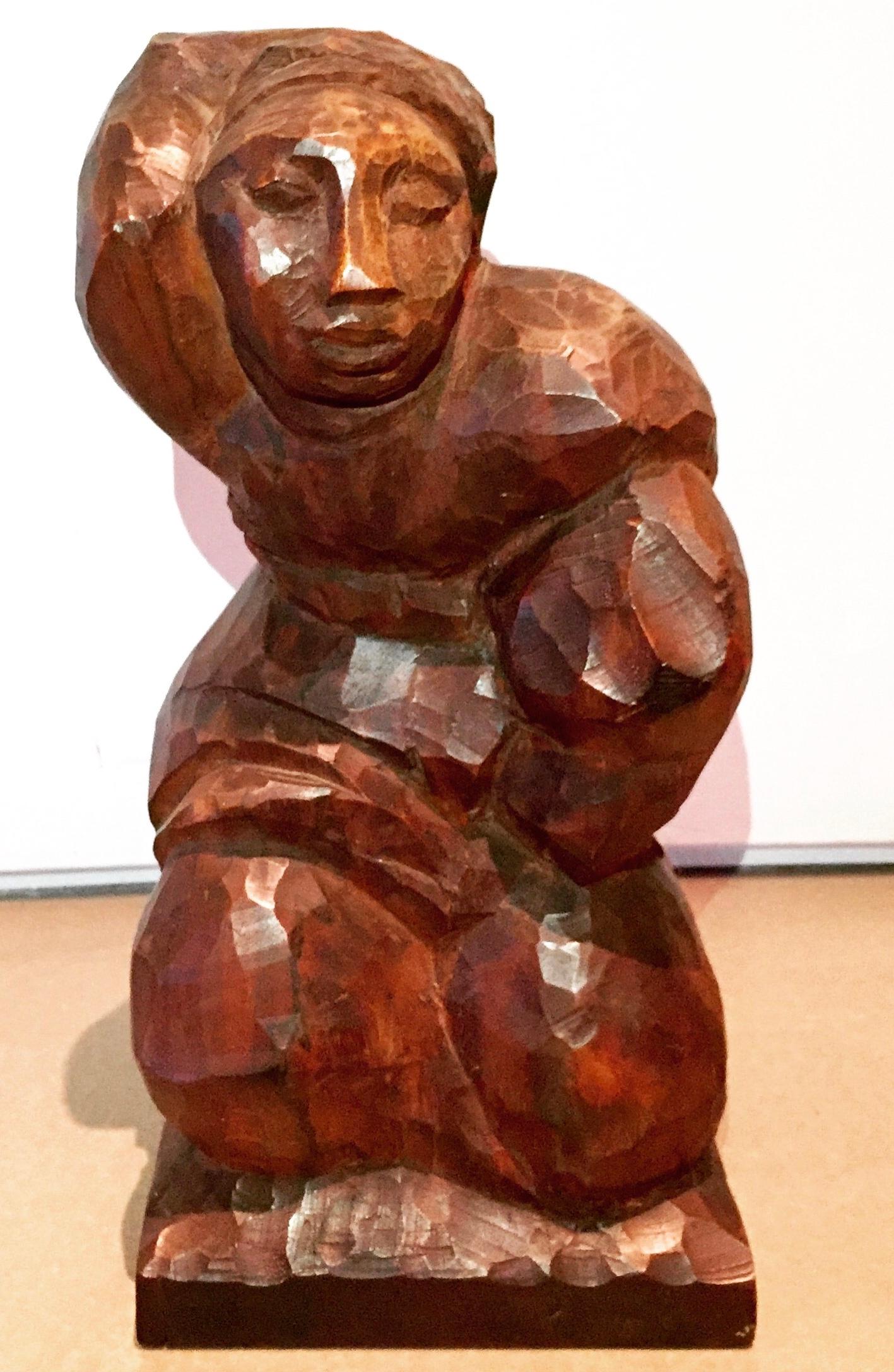 KNEELING WOMAN modern mid-century modernist WPA carved wood sculpture - Sculpture by Jose de Creeft