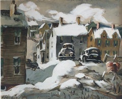 Paysage de ville d'hiver en neige:: peinture ancienne de parc de voitures:: Newark:: New Jersey:: WPA