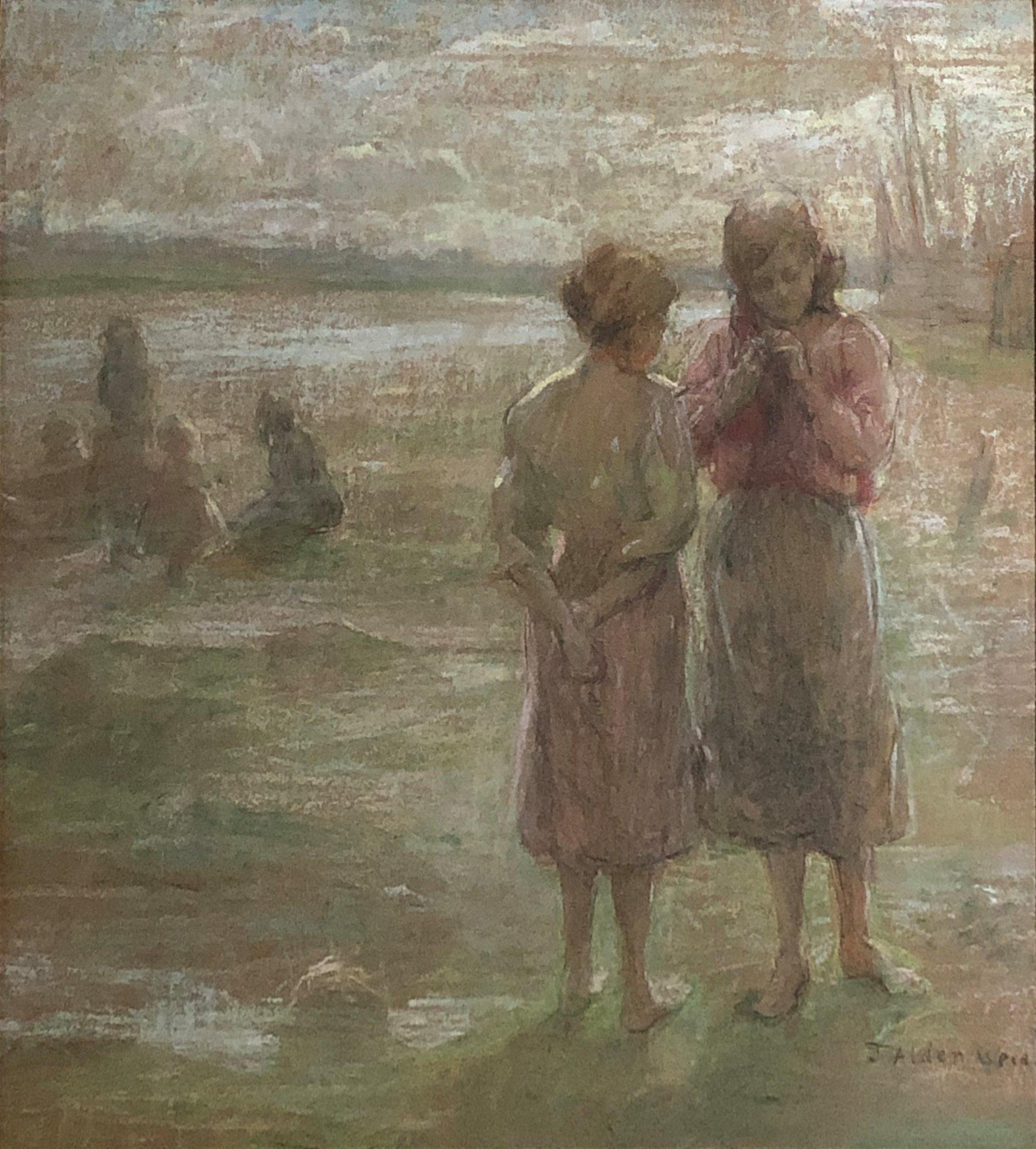 Julian Alden Weir Landscape Art - "Two Girls at the Beach, " J. Alden Weir, American Impressionist Landscape