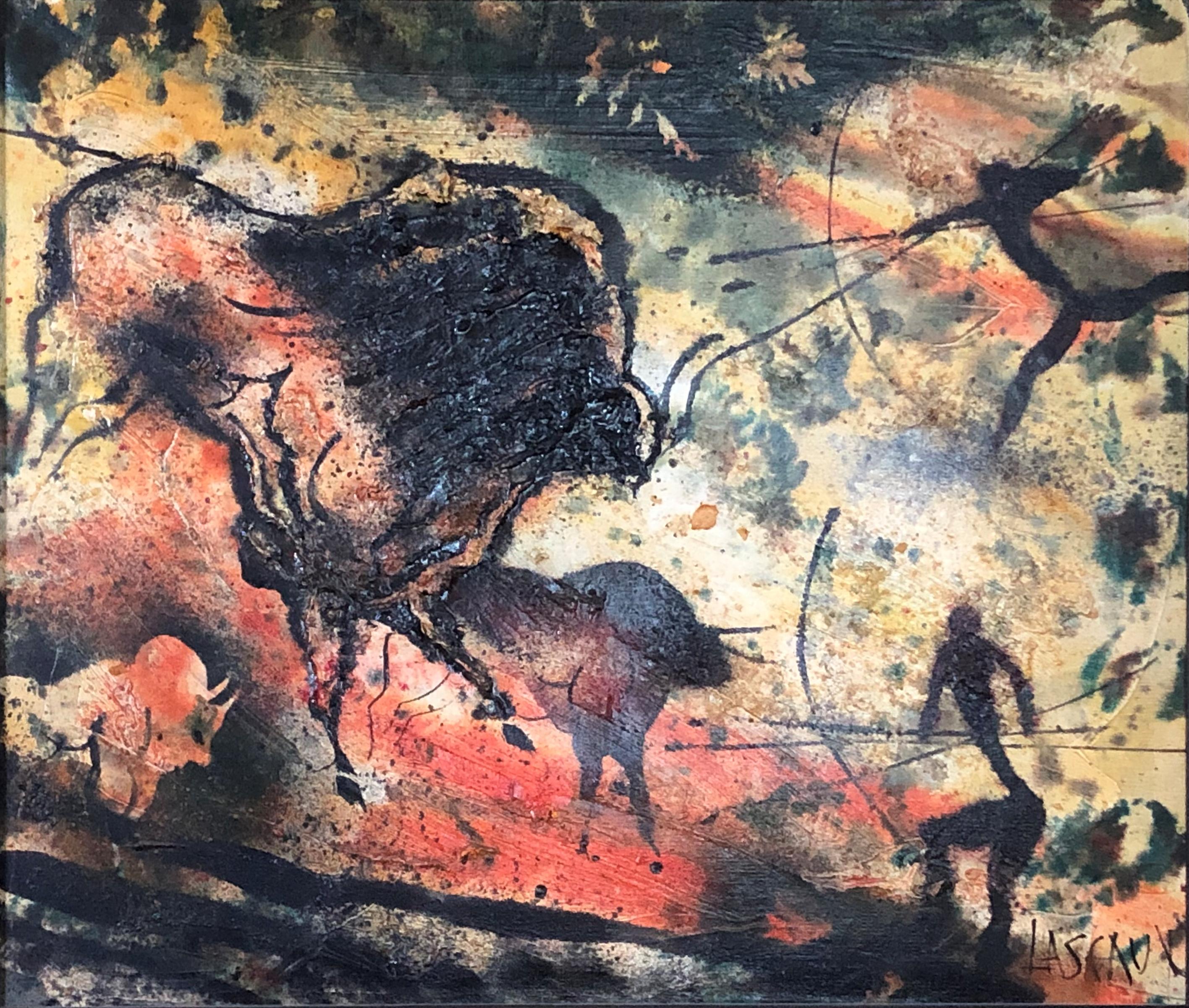 Guy Dessapt Landscape Painting - "Lascaux Cave Painting, France" Ice Age Animals, Mid-Century Modern New York