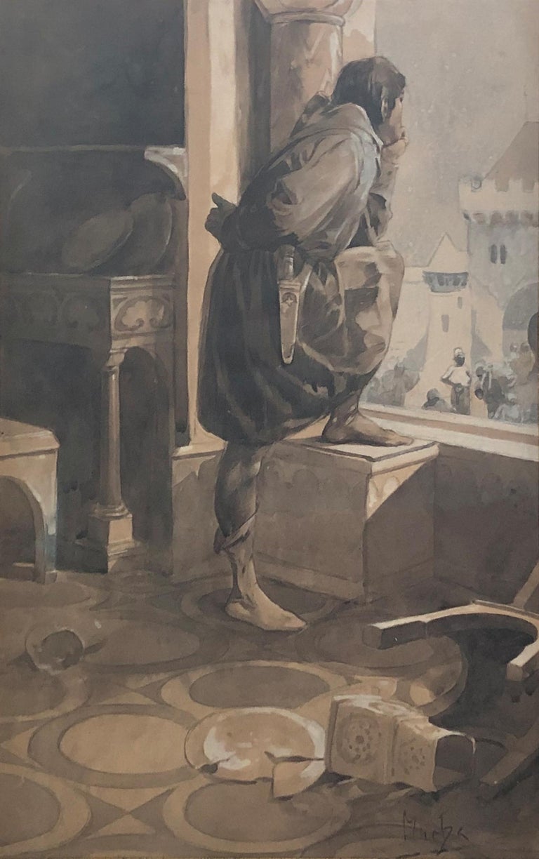 "Medieval Thoughts, Prague," Alphonse Mucha, Czech Art Nouveau Illustration - Gray Figurative Art by Alphonse Mucha
