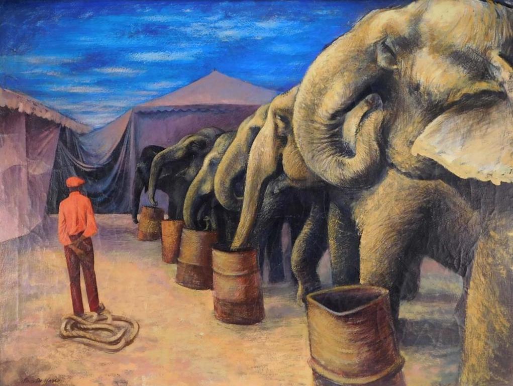 Circus Elephants American Modernism WPA Regionalism Mid-Century Modern Oil