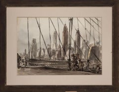 Reginald Marsh "Brooklyn Bridge" NYC Modernism WPA Mid-Century Watercolor Modern