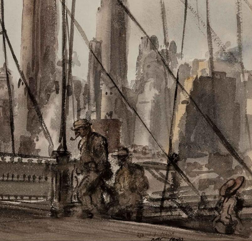 Reginald Marsh „Brooklyn Bridge“ NYC Modernismus WPA Mid-Century Aquarell Modern im Angebot 2