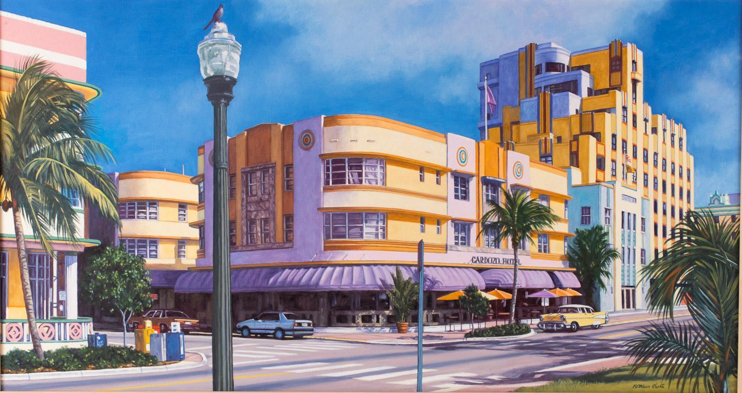 Kathleen Piunti (1928 - 2016)
The Cardozo, Miami Beach, Floride, 1995
Huile sur toile
32 x 60 pouces
Signé en bas à droite

Provenance :
Galerie Uptown, New York City, 1996
John 
Sonia Oram, Savannah, Géorgie (acquis directement auprès des
