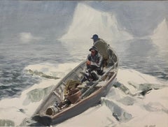 « Frozen In »:: John Whorf:: Scène de marine d'hiver impressionniste:: pêcheurs en bateau