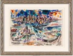 NYC Watercolor Drawing American Modern 20th Century Modernism Mid-Century WPA