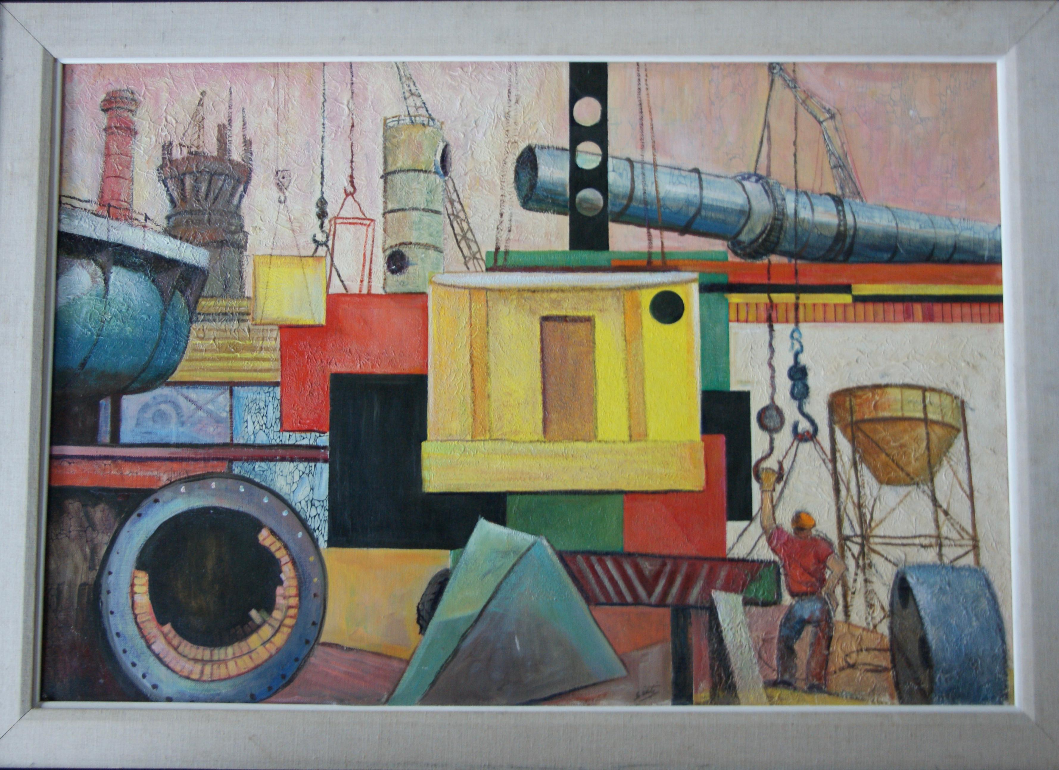 Industrial WPA Mid-Century American Scene Modernism Industrial Mural Study  - Painting by Anthony (Tony) Sisti